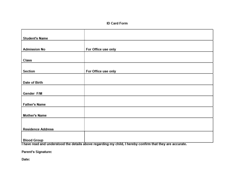ID Card Form (New Admission) | PDF