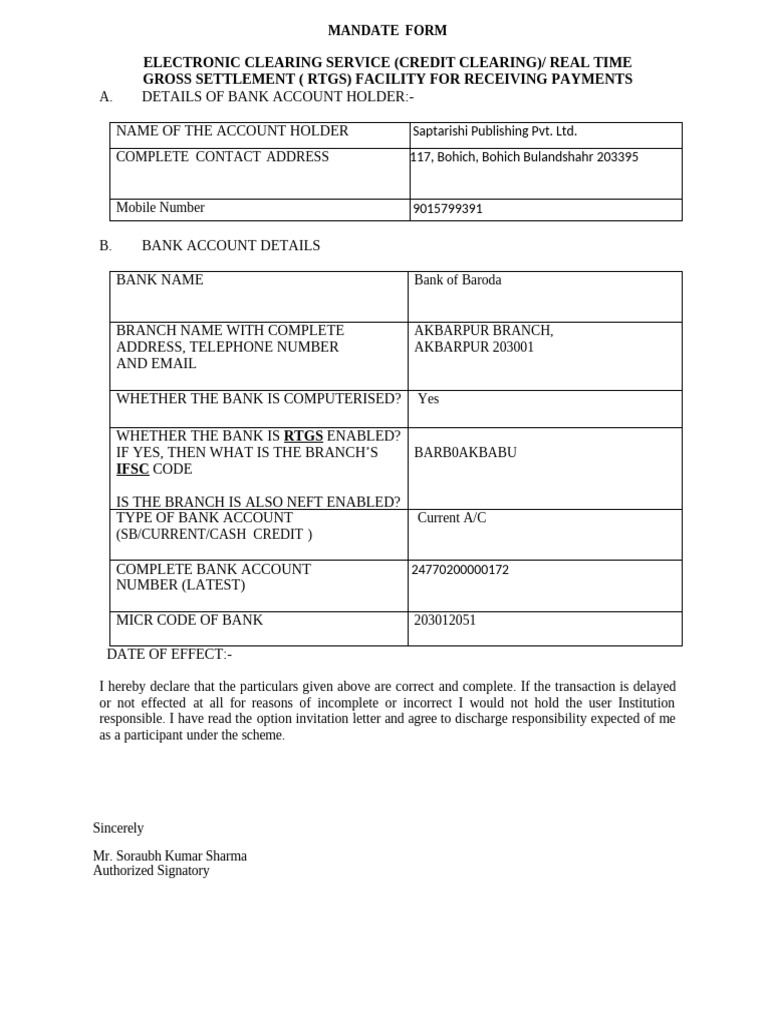 Bank Mandate Form | PDF