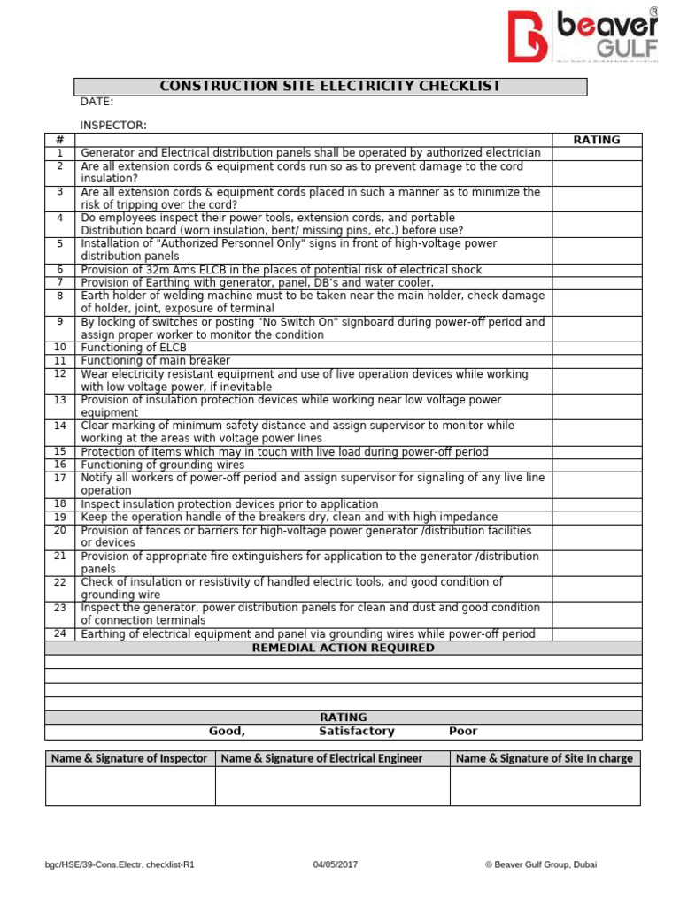 Const.electri. Checklist R1 | PDF | Insulator (Electricity) | High Voltage
