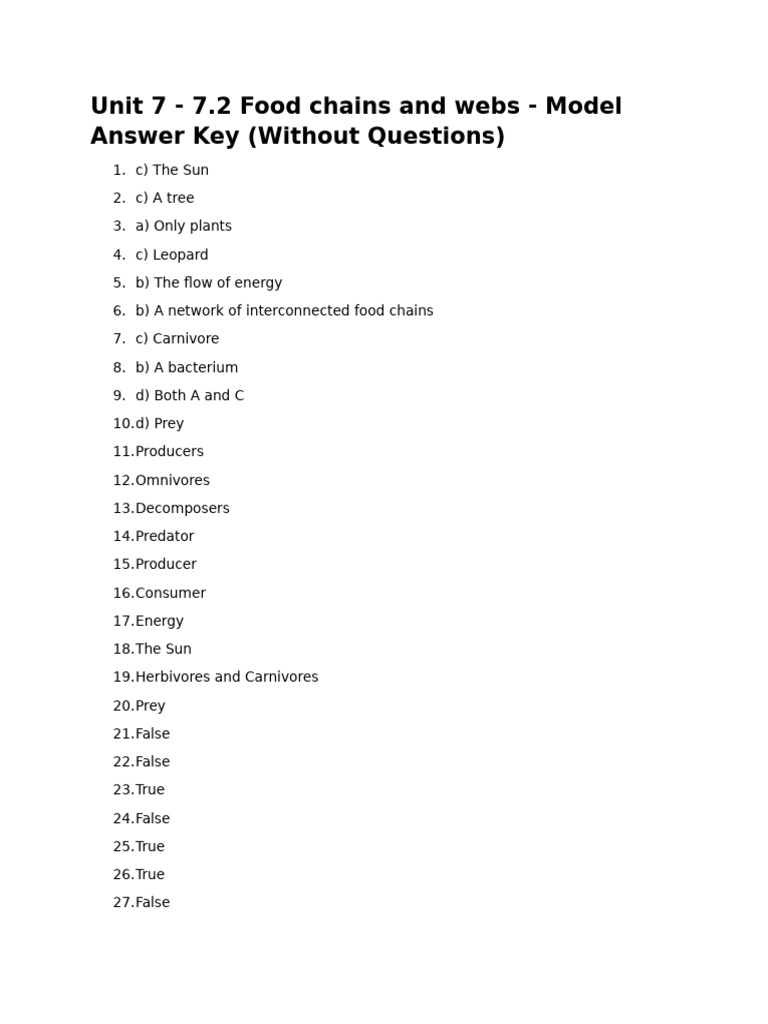 Unit 7.2 - Food Chains and Webs - Model Answer Sheet | PDF