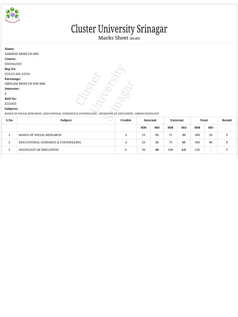 Semester Marks Card (21) | PDF