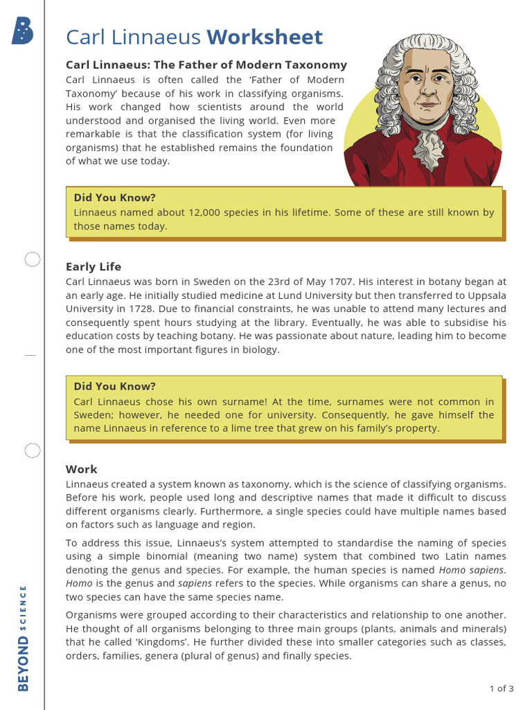Carl Linnaeus Worksheet | PDF | Species | Taxonomy (Biology)