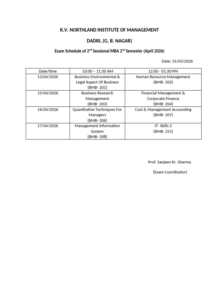 31 March Mba 2 Sem Date Sheet | PDF