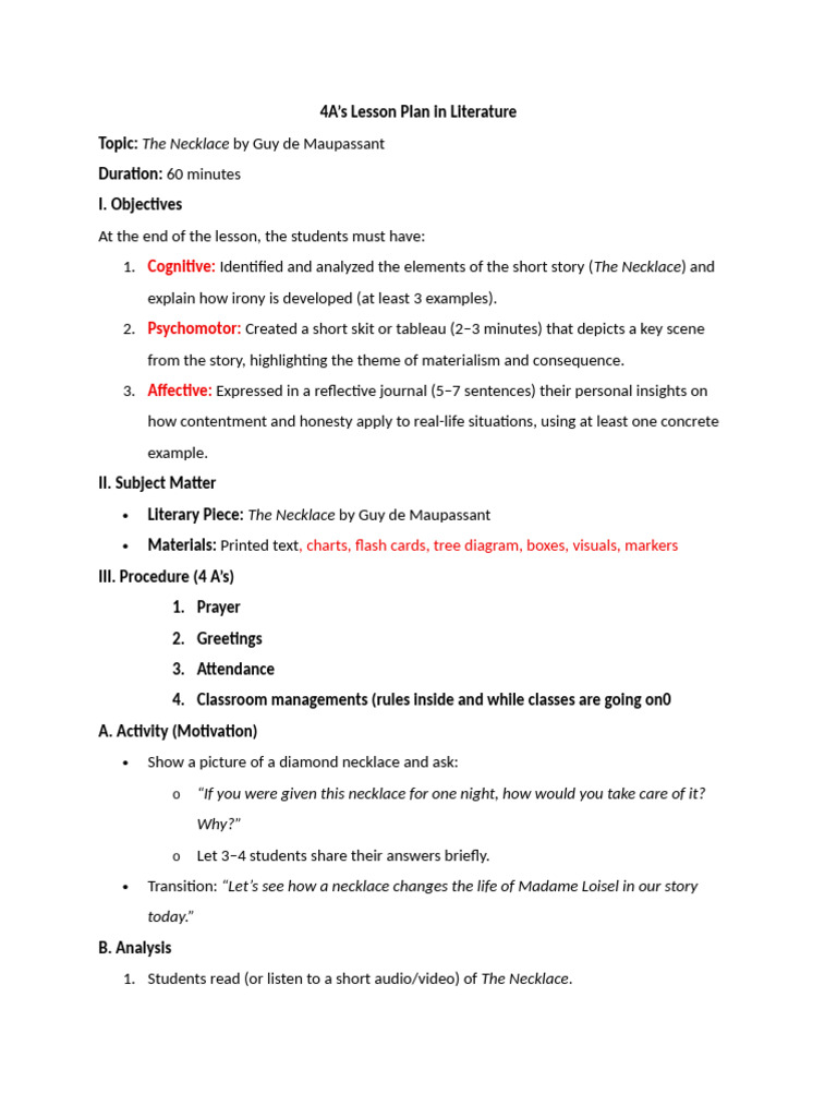 Lesson Plan in Literature | PDF | Lesson Plan | Cognitive Science