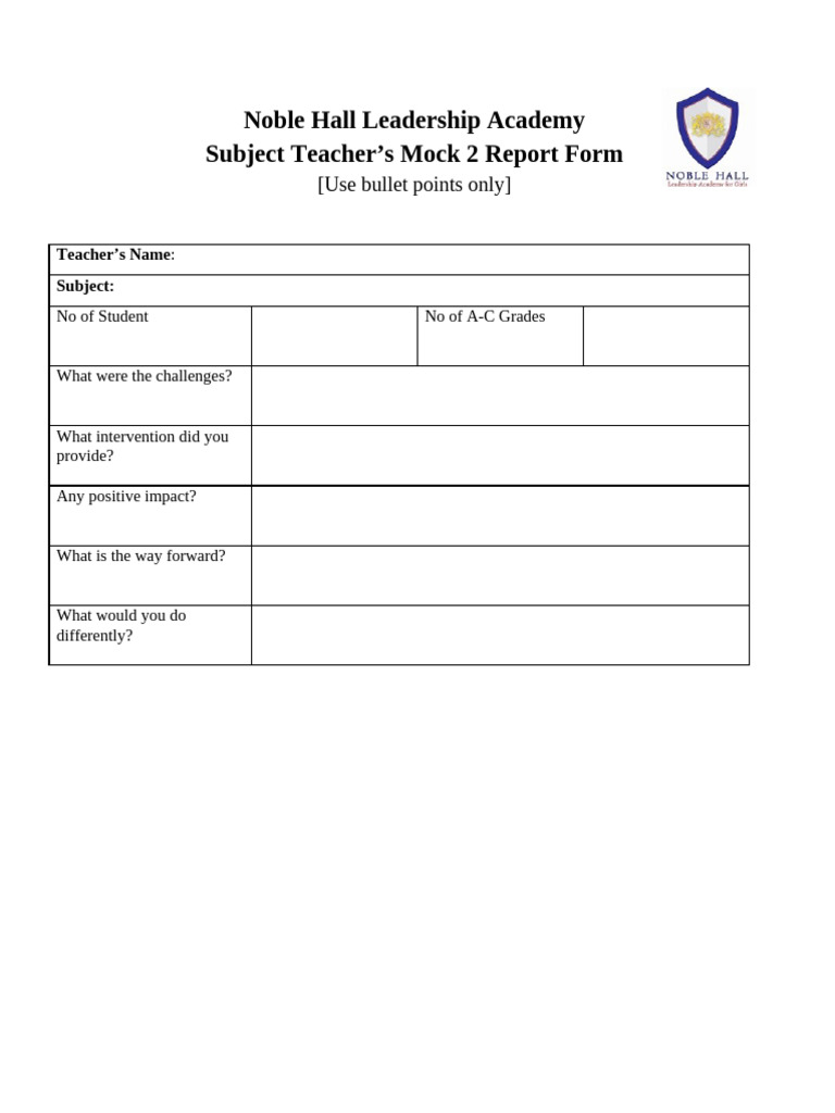 Subject Teacher’s Mock 2 Report Form | PDF