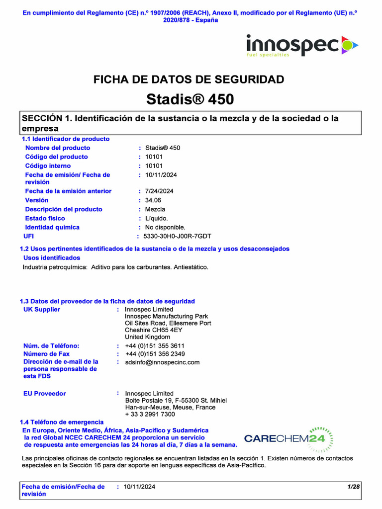 FDS Stadis 450_español | PDF | Agua | Dióxido de carbono