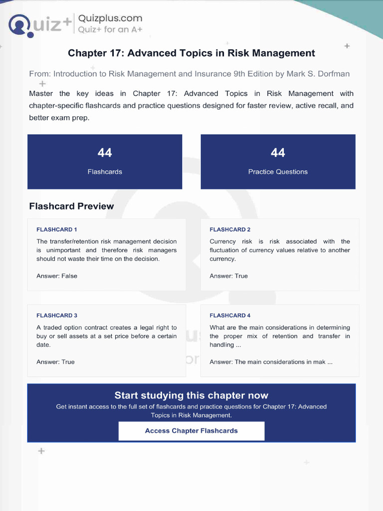 Flashcards for Chapter 17 Advanced Topics in Risk Management | PDF