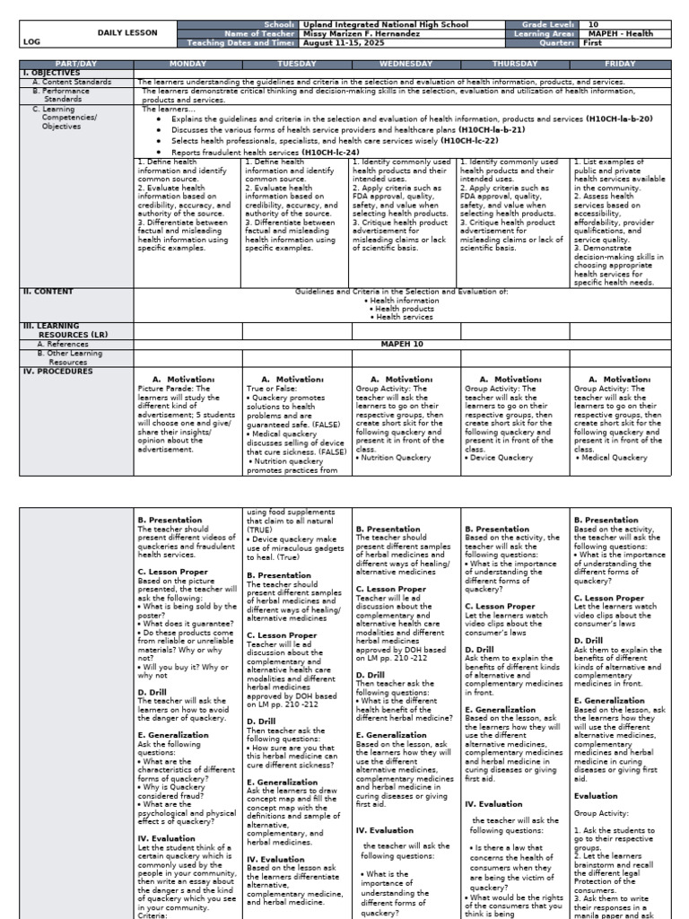 Dll Mapeh-health 10 q1 w8 | PDF | Alternative Medicine | Learning