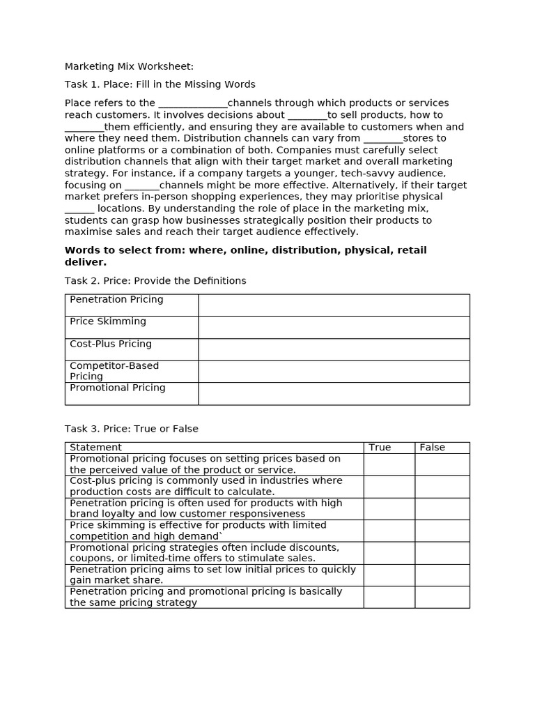 Marketing Mix Worksheet | PDF | Pricing | Marketing
