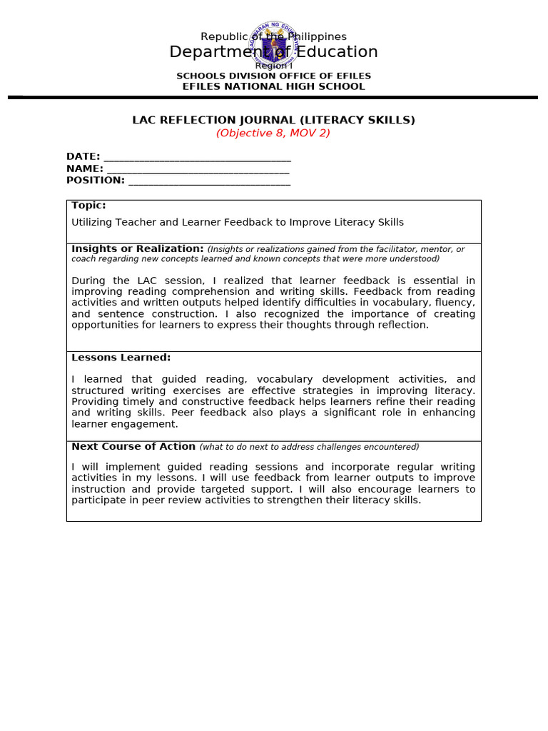 LAC Reflection Journal Literacy | PDF