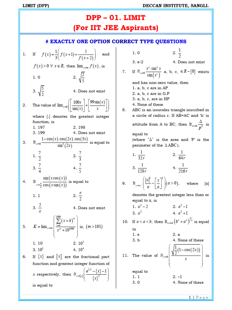 Limit Dpp_for Jee Aspirants | PDF | Elementary Mathematics | Elementary ...
