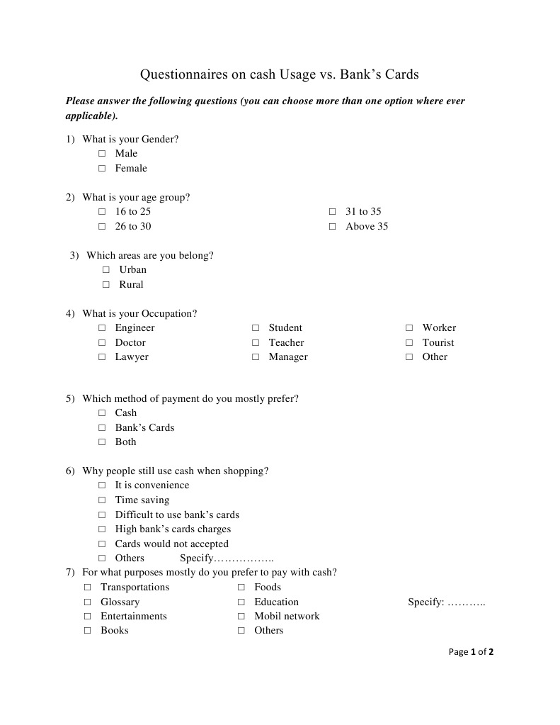 Questionnaires On Cash Usage Vs PDF