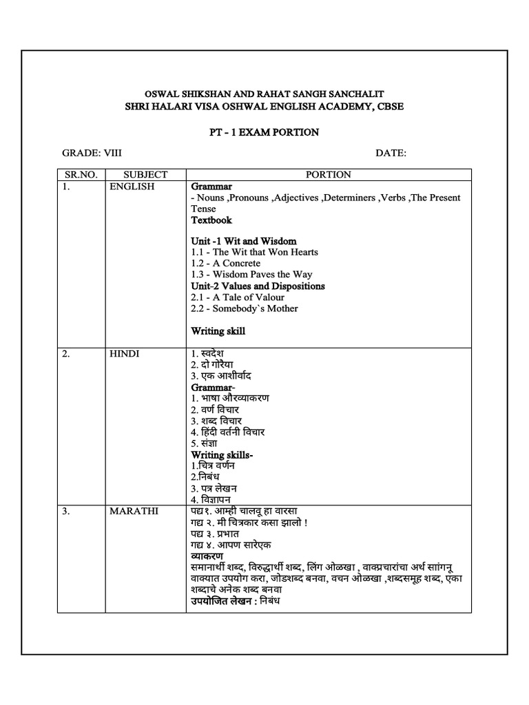 Grade Viii Revised Pt1 Exam Portion (2026-27) | PDF | Linguistics ...