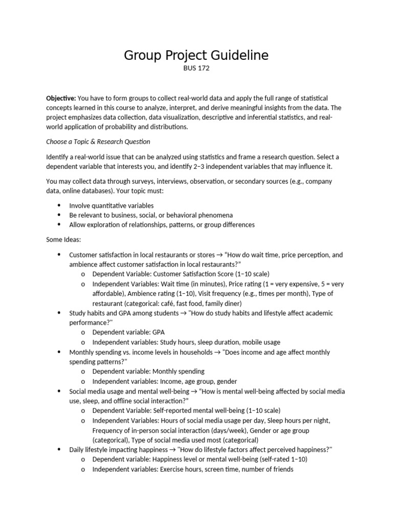Group-Project-Guideline (1) stat 101 | PDF | Statistics | Probability ...