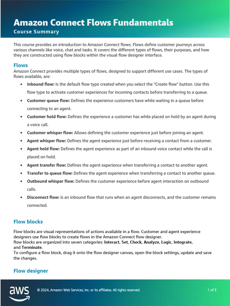 Amazon Connect Flows Fundamentals Summary | PDF | Amazon Web Services ...