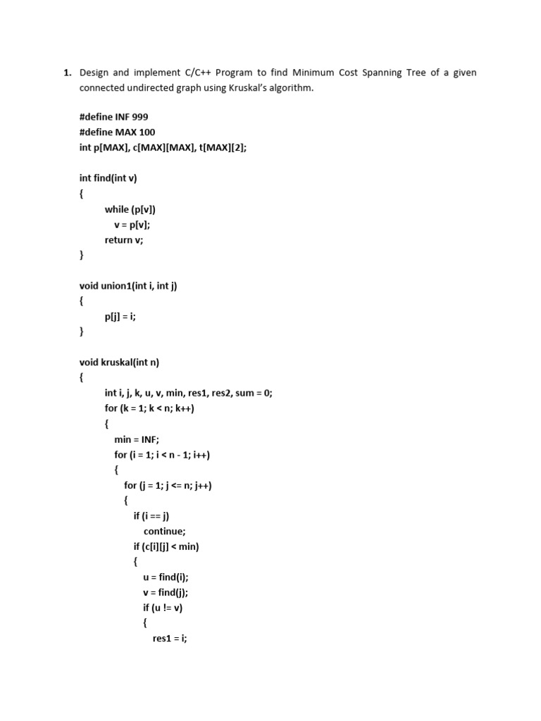 Design and Implement C/C++ Program To Find Minimum Cost Spanning Tree ...