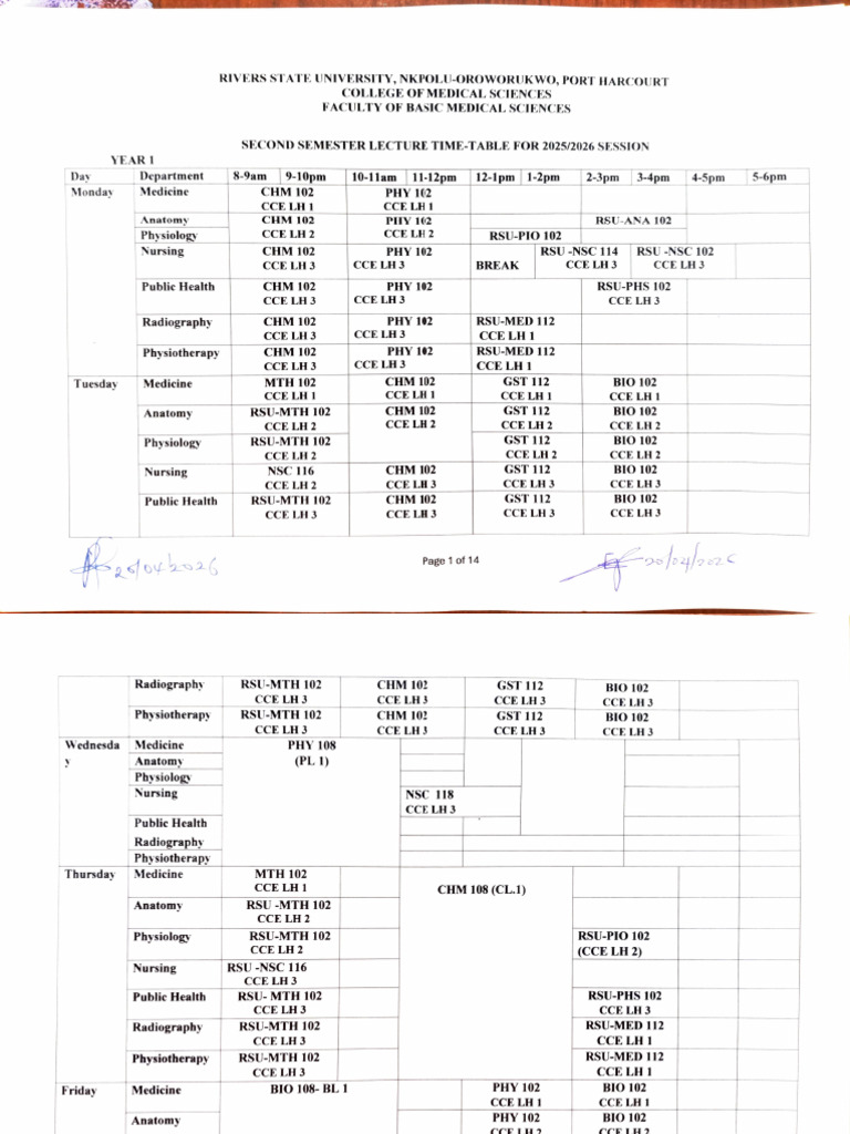 FBMS 2025-2026 Second Semester Lecture Timetable | PDF | Anatomy | Biology