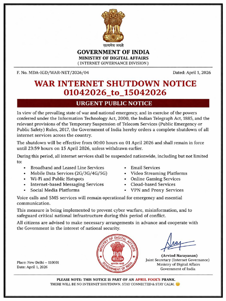 War Internet Shutdown Notice 01042026 - To - 15042026 | PDF
