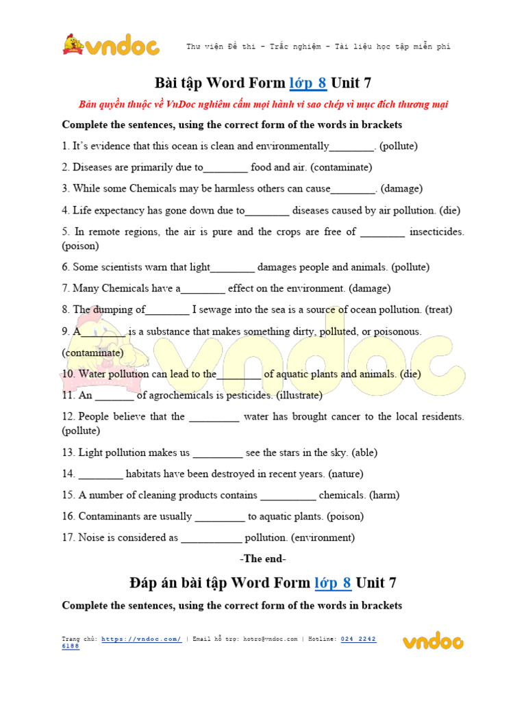 Bai Tap Word Form Lop 8 Unit 7 | PDF | Pollution | Natural Environment