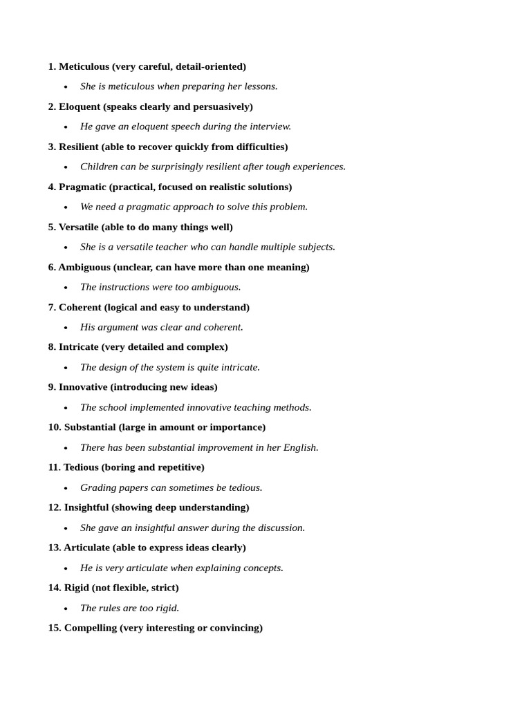 Advanced Adjectives | PDF | Cognition