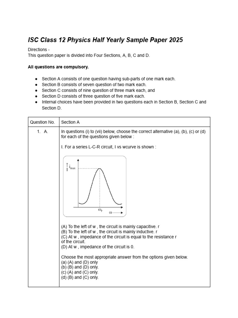 Icse Class 12 Physics Sample Paper 2025 | PDF | Diffraction | Inductor