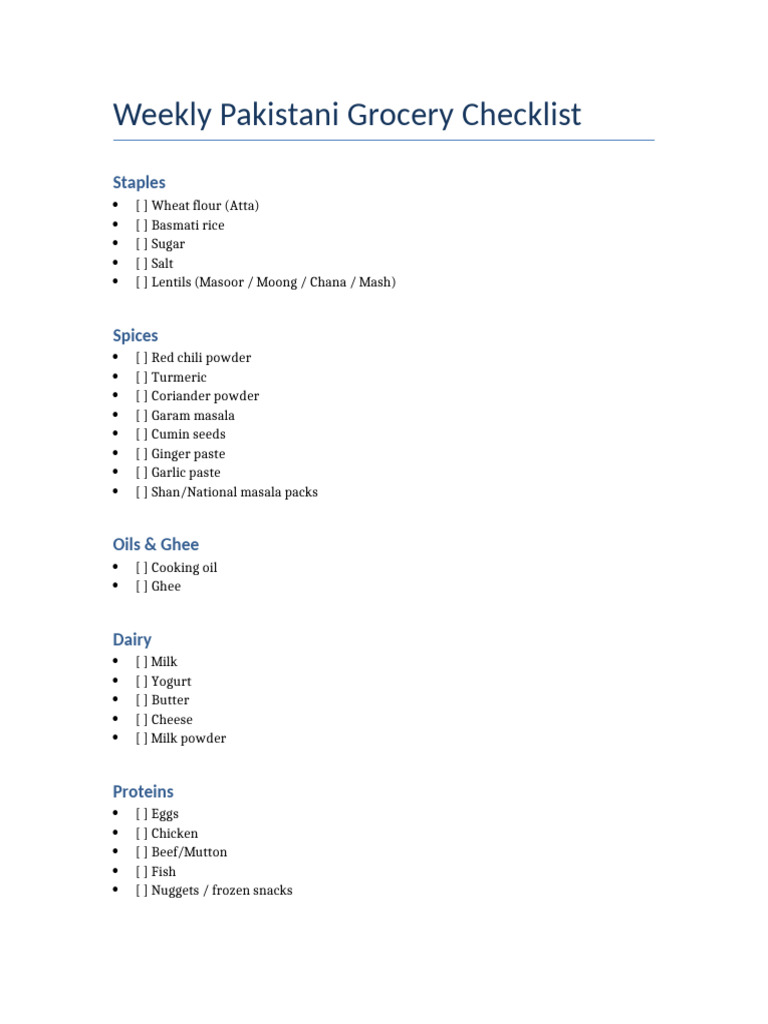 Weekly Pakistani Grocery Checklist | PDF