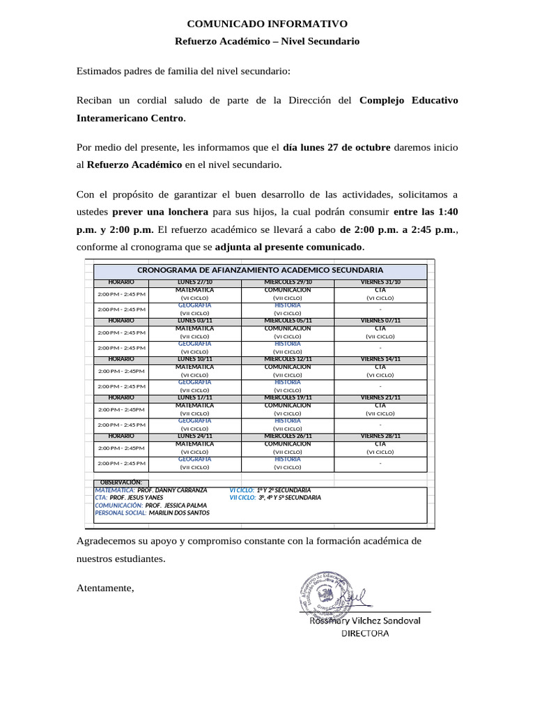 Comunicado Informativo Reforzamiento Secundaria | PDF