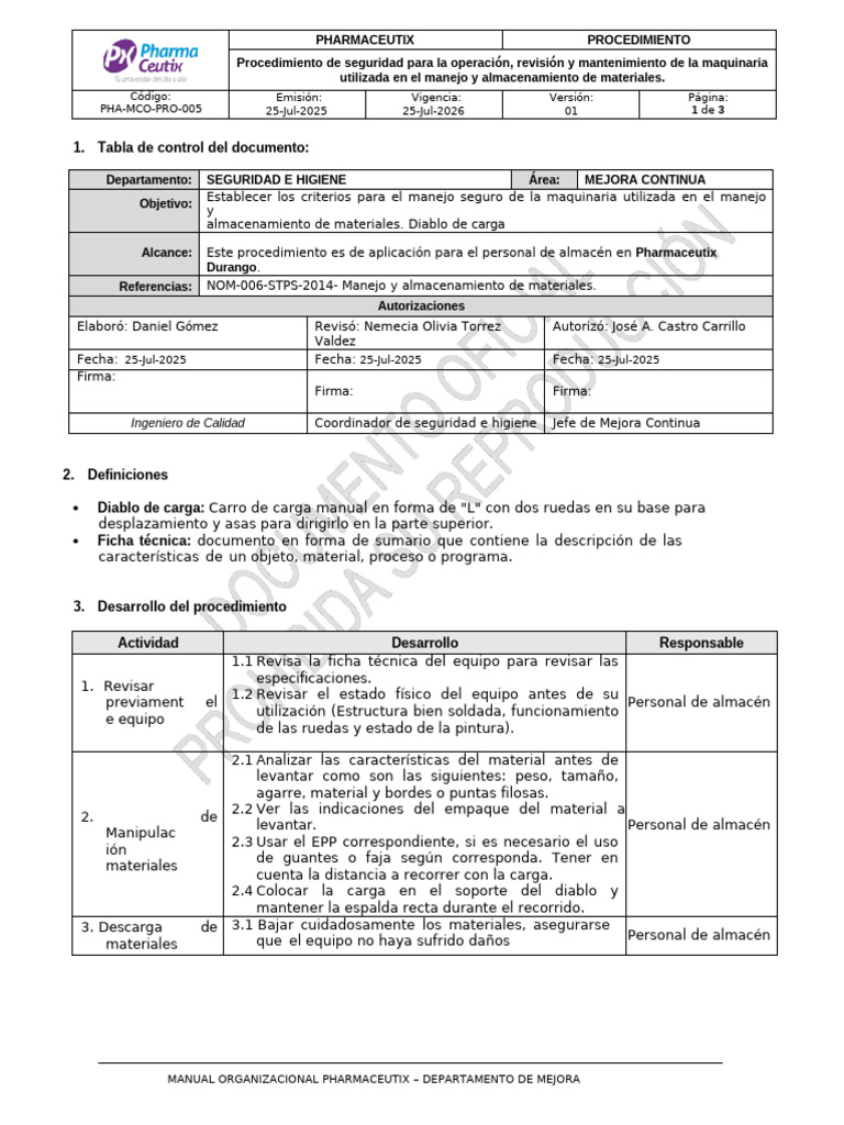 Procedimiento de Manejo y Almacenamiento Manual de Materiales | PDF ...
