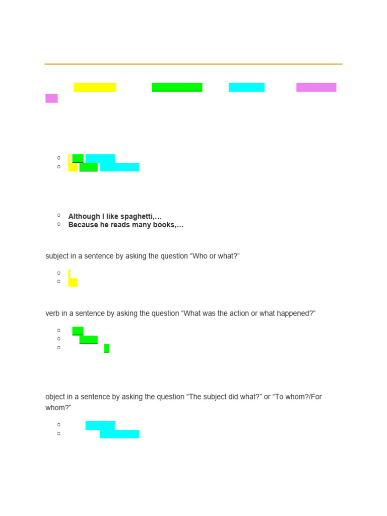 Definitions and Examples of Basic Sentence Elements | PDF | Subject ...