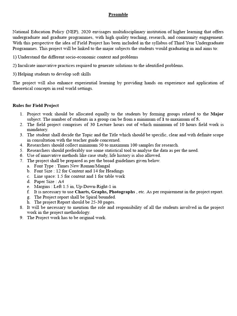Field Project Format _ Guidelines Sem V | PDF | Evaluation