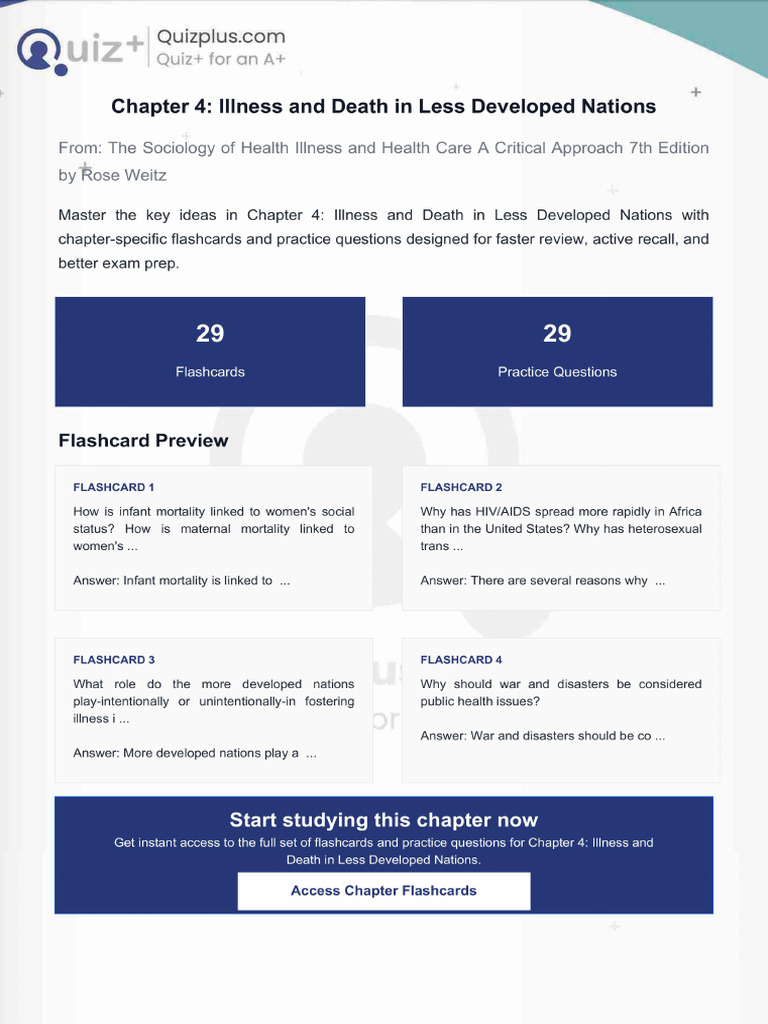 Flashcards for Chapter 4 Illness and Death in Less Developed Nations | PDF