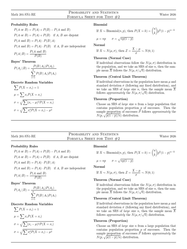 SN1 Test2 Formula Sheet | PDF | Probability Distribution | Normal ...