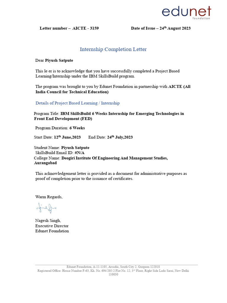 Piyush Completion Letter | PDF