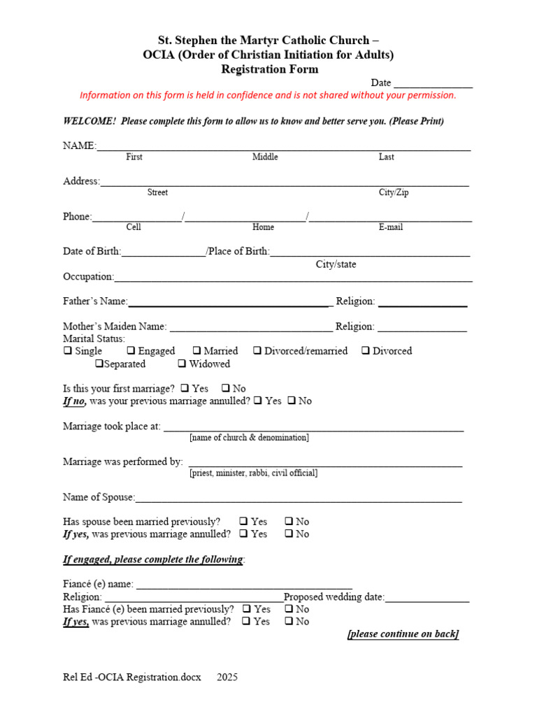Rel Ed - OCIA Registration | PDF | Marriage | Social Conventions