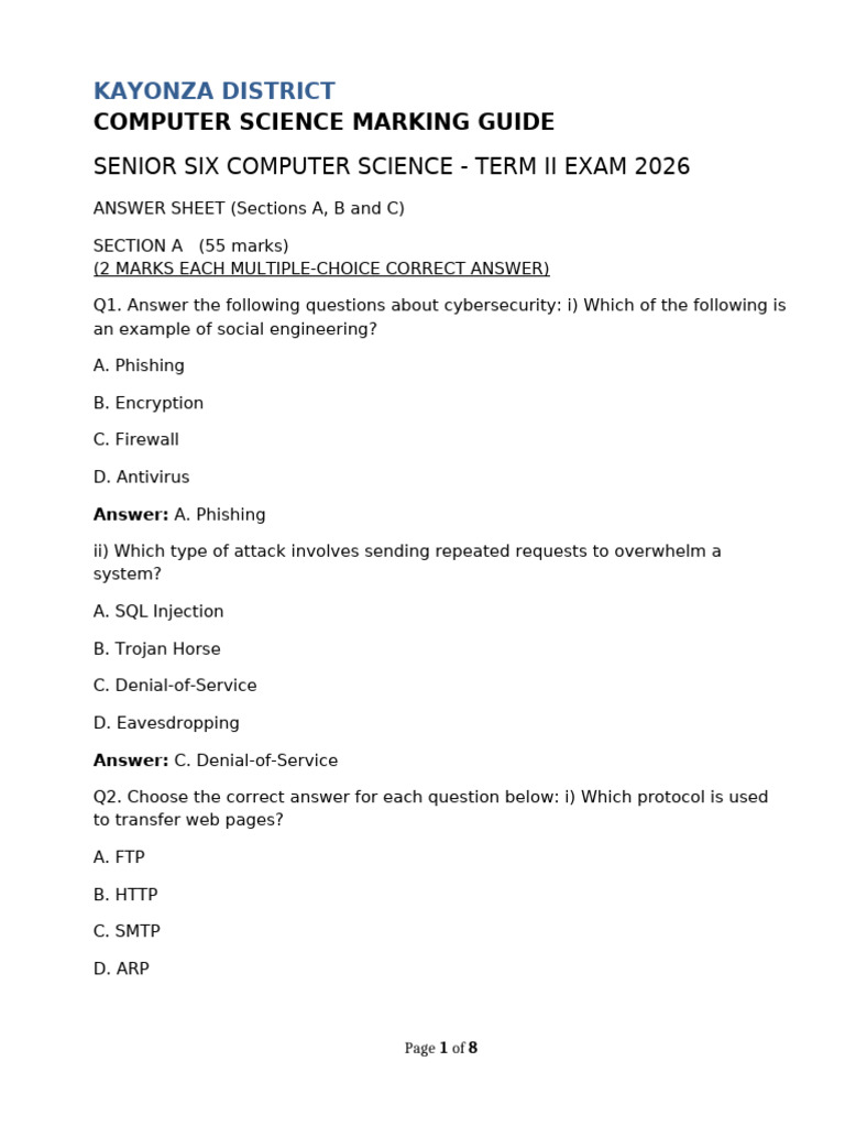 S6 Computer Science Term II Exam Answers 2026 | PDF