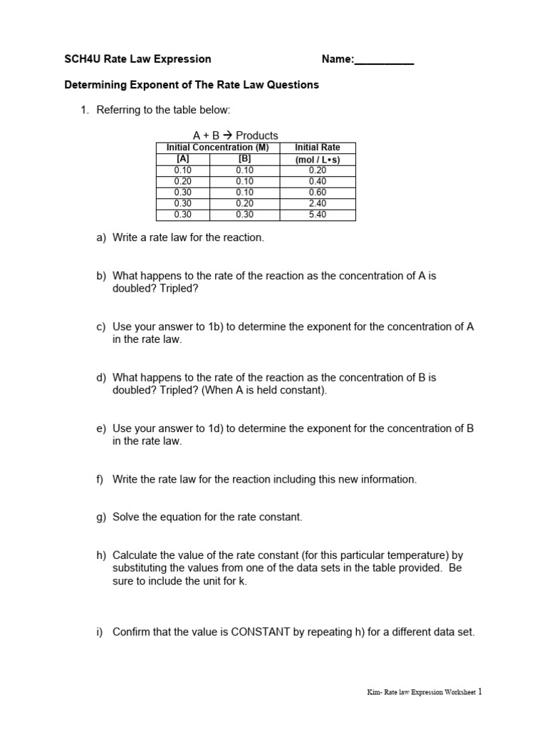 Rate Law Expression Worksheet | PDF | Chemical Reaction Engineering ...