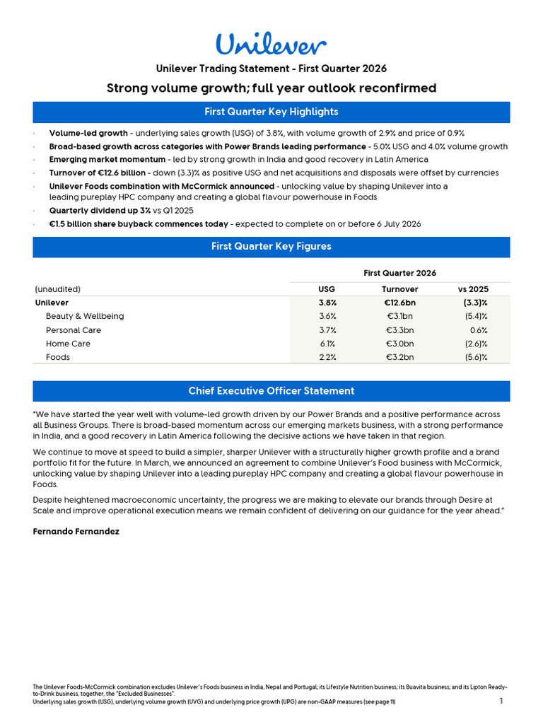 Unilever q1 2026 Full Announcement | PDF | Unilever | Risk