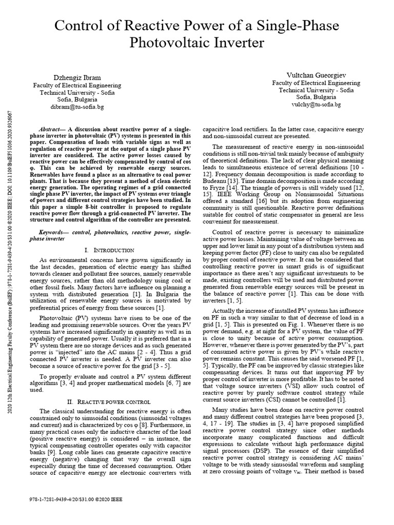 Control of Reactive Power of a Single-Phase Photovoltaic Inverter | PDF ...