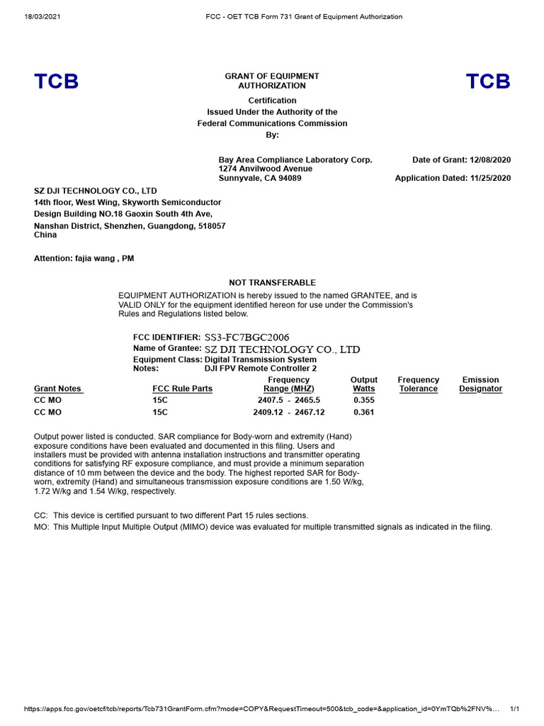 Fcc - Dji Fpv Radio 1oet Tcb Form 731 Grant | PDF | Mimo | Radio Wave
