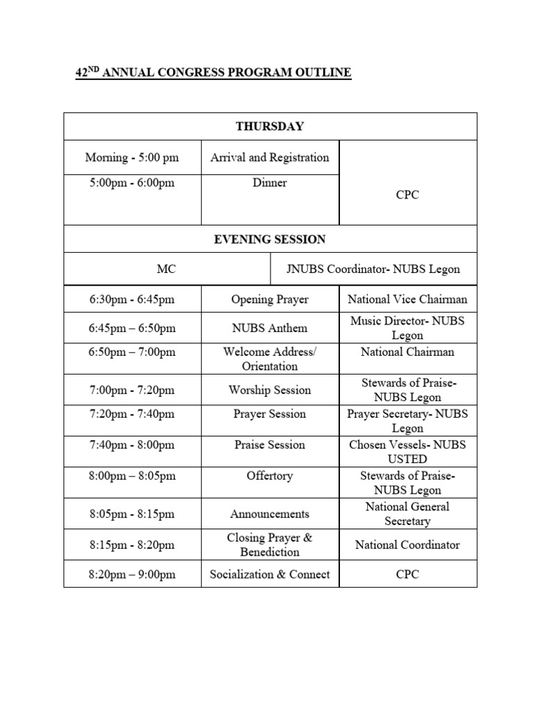Finalized Program Outline- 42nd Annual Congress | PDF | Worship ...