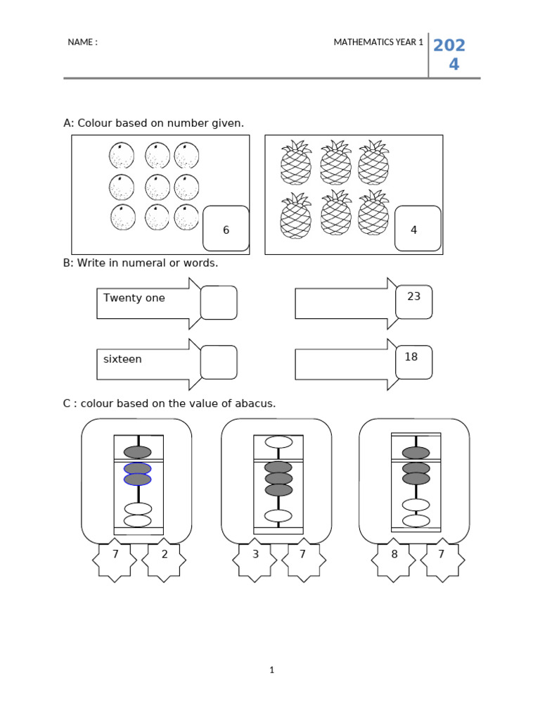 246286846 Soalan Ujian Matematik Kertas 1 KSSR Tahun 1 | PDF ...