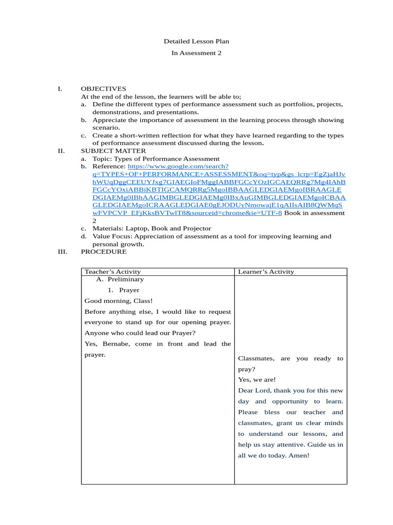 Detailed Lesson Plan in Assessment 2 | PDF | Educational Assessment ...