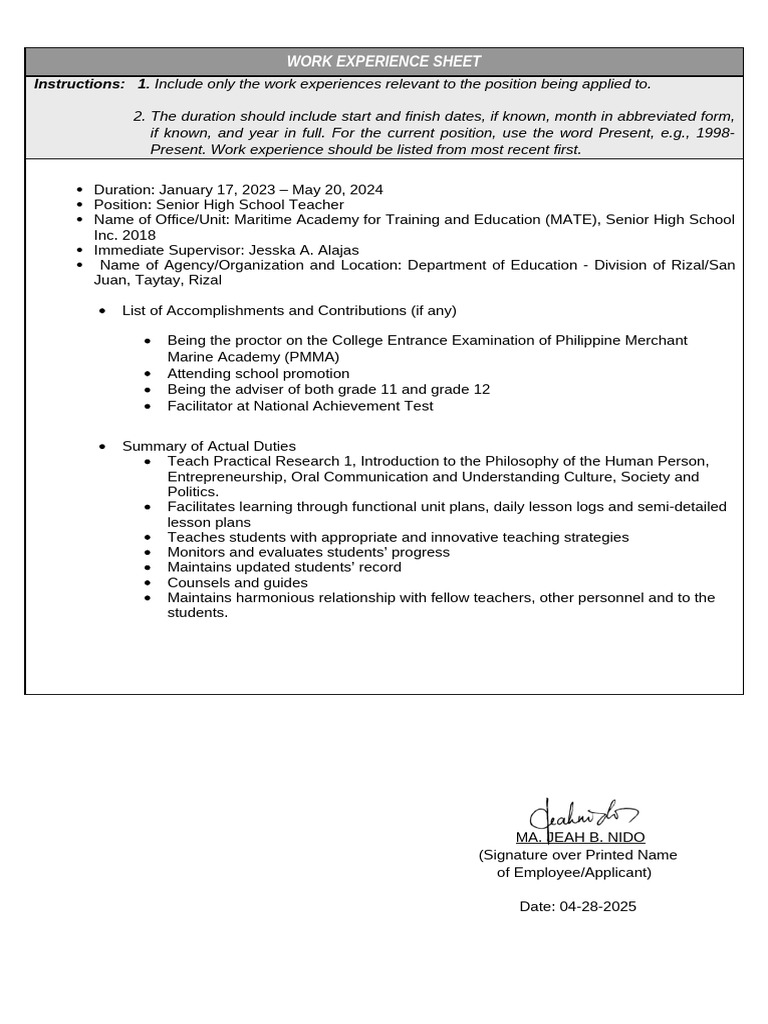 CS Form No 212 Work Experience Sheet | PDF