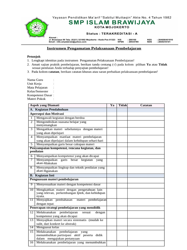 3. Instrumen Pengamatan Pembelajaran | PDF