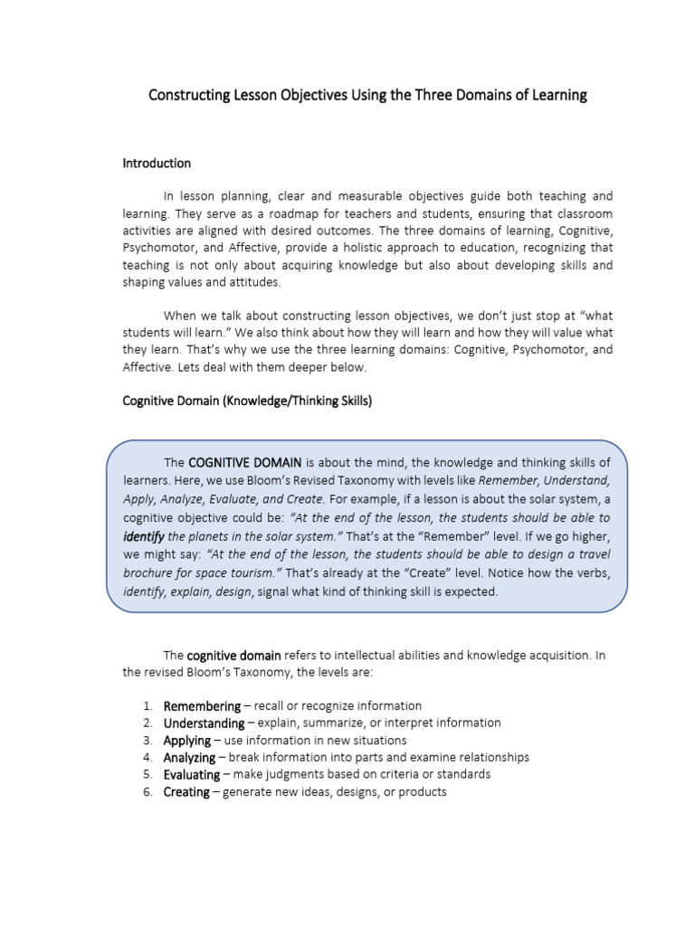 Constructing Lesson Plan Objectives | PDF | Learning | Cognition