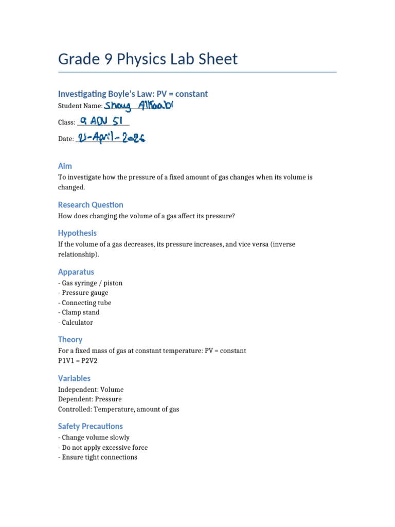 Boyles Law Lab Sheet | PDF
