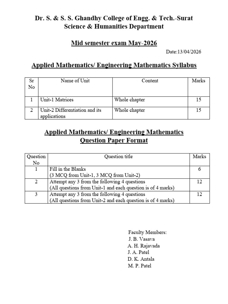 Maths Mid Exam Syllabus & q.p. Format | PDF