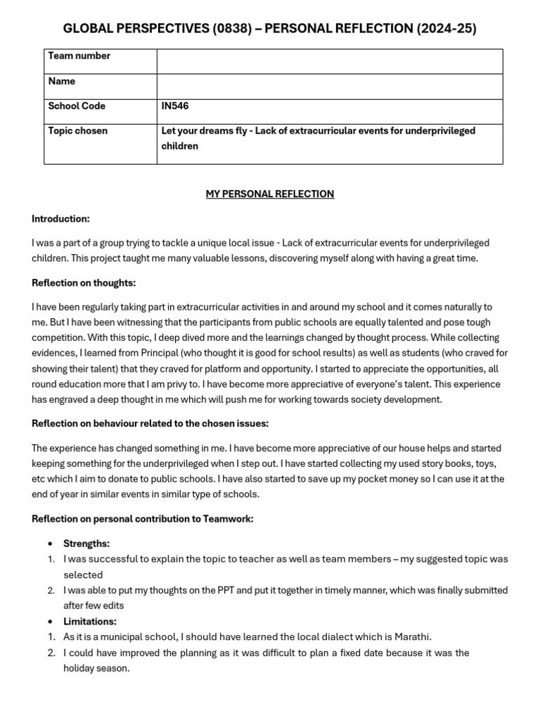 Personal Reflection Sample 1 | PDF