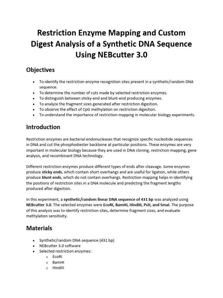 Restriction Enzyme Mapping and Custom Digest Analysis of a Synthetic ...