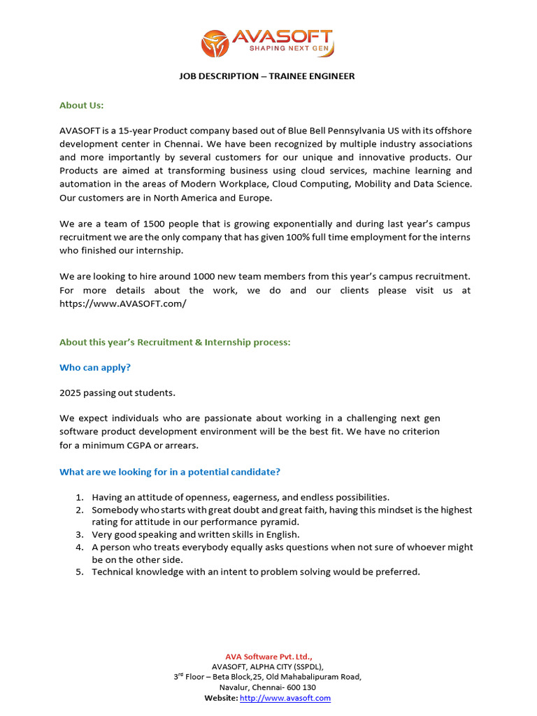 Trainee Engineer - Avasoft - 2025 | PDF | Recruitment | Internship